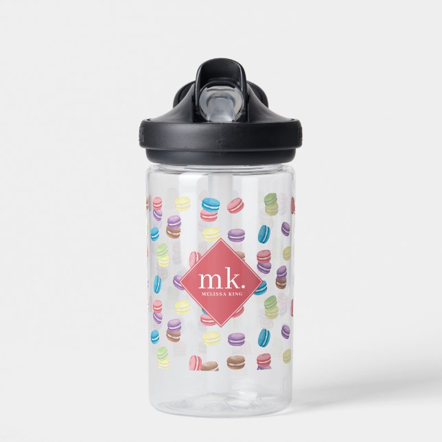 Colourful Pastel Macarons Monogram Water Bottle (Front)