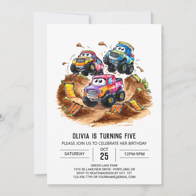 Colourful Pastel Monster Truck Birthday Invitation (Front)