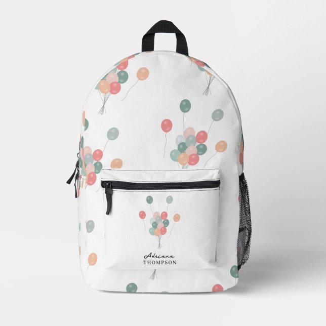 Colourful Pastel Party Balloons Custom Name School Printed Backpack (Front)
