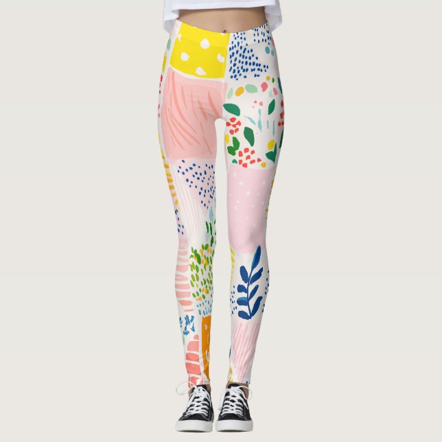 Colourful Pastel Patchwork Preppy Leggings (Front)