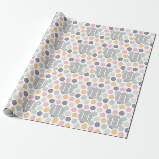 colourful pastel polka dot pattern monogram wrapping paper (Unrolled)
