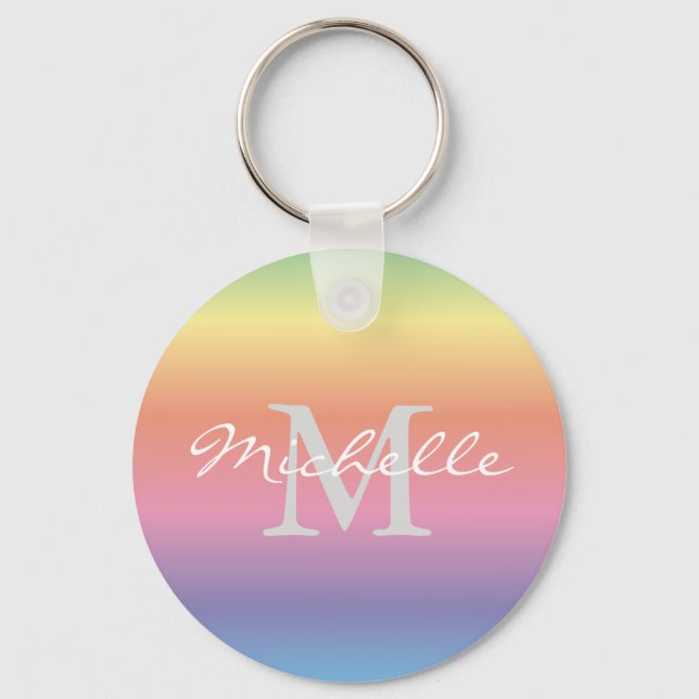 Colourful Pastel Rainbow Gradient Colours Monogram Keychain (Front)