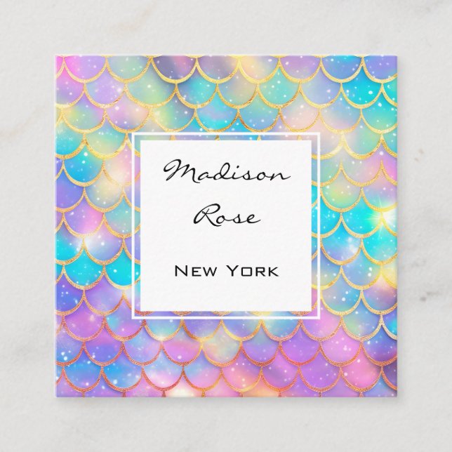 Colourful Pastel Rainbow Unicorn Gold Mermaid Scal Square Business Card (Front)