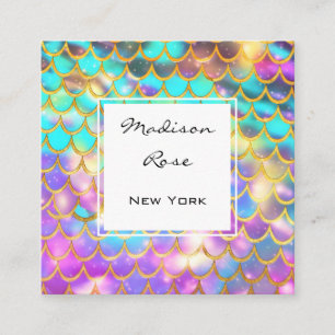 Colourful Pastel Rainbow Unicorn Gold Mermaid Scal Square Business Card