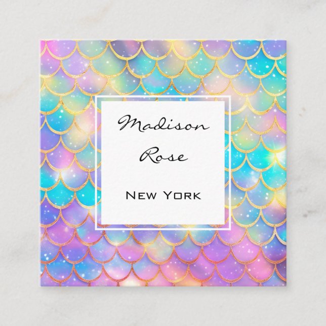 Colourful Pastel Rainbow Unicorn Gold Mermaid Scal Square Business Card (Front)