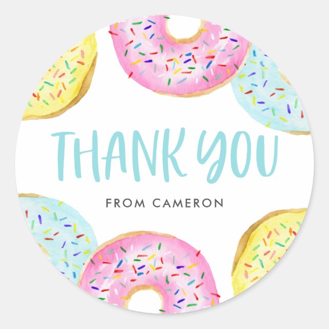 Colourful Pastel Sprinkle Doughnuts Birthday Thank Classic Round Sticker (Front)
