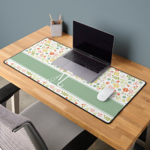 Colourful Pastel Stylized Flower Pattern Monogram Desk Mat