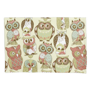 Colourful Pastel Tones Retro Floral Owls Pattern Pillowcase