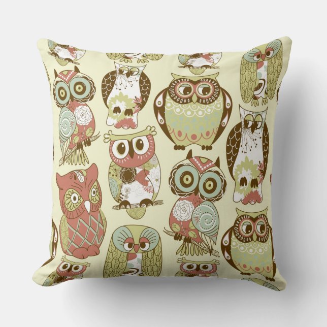 Colourful Pastel Tones Retro Floral Owls Pattern Throw Pillow (Front)