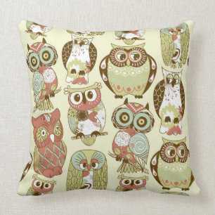 Colourful Pastel Tones Retro Floral Owls Pattern Throw Pillow