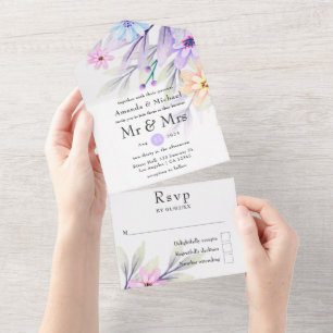 Colourful Pastel Watercolor Floral Wedding All In One Invitation