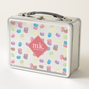 Colourful Pastel Watercolor Macarons Monogram Metal Lunch Box