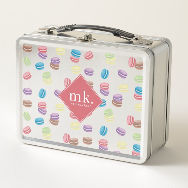 Colourful Pastel Watercolor Macarons Monogram Metal Lunch Box (Front)