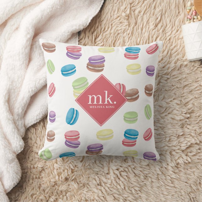 Colourful Pastel Watercolor Macarons Monogram Throw Pillow (Blanket)