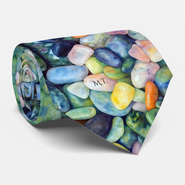 Colourful Pastel Watercolor Pebbles River Stones Tie (Rolled)