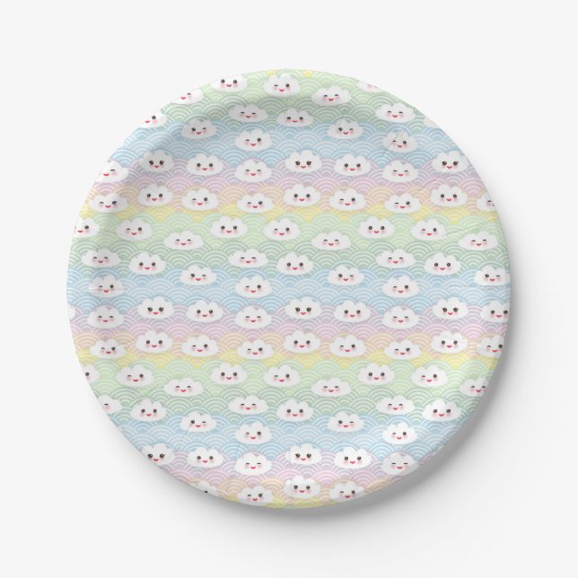 Colourful Pastel Waves Kawaii Clouds Pattern Paper Plate (Front)