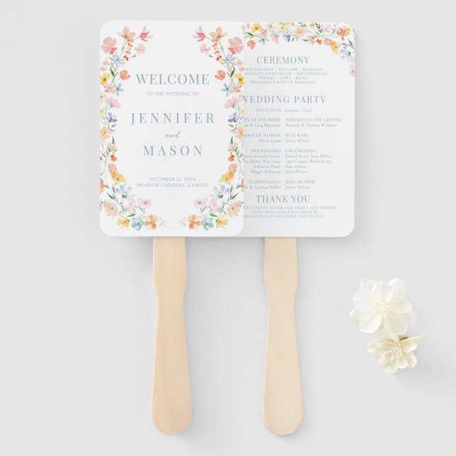 Colourful Pastel Wildflower Meadow Wedding Program Hand Fan (Front and Back)