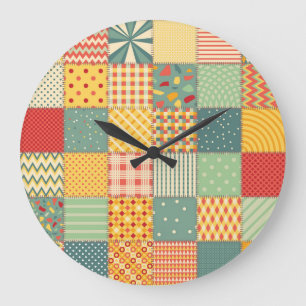 Colourful patchwork: abstract seamless ornaments. large clock