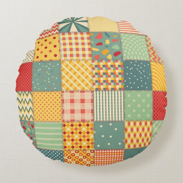 Colourful patchwork: abstract seamless ornaments. round pillow (Front)
