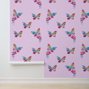 Colourful  Patchwork Butterflies Design Wallpaper