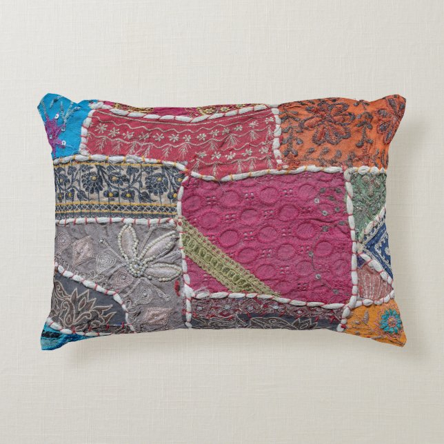 Colourful Patchwork Carpet Closeup Detail Accent Pillow (Front)