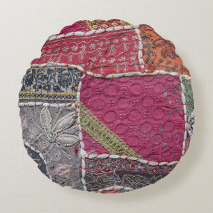 Colourful Patchwork Carpet Closeup Detail Round Pillow