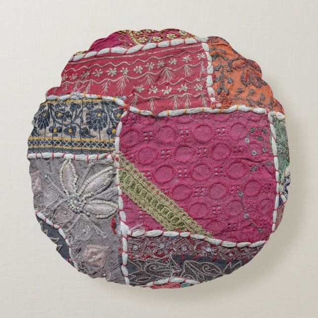 Colourful Patchwork Carpet Closeup Detail Round Pillow (Front)