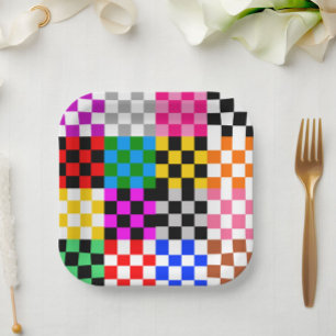 Colourful Patchwork Chequered Pattern Design Paper Plate