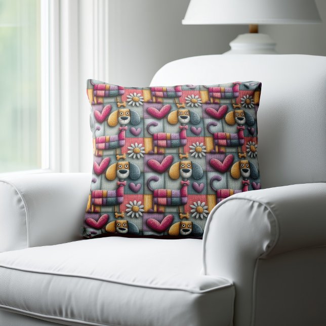 Colourful Patchwork Dog Pattern Throw Pillow (Creator Uploaded)
