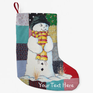 colourful patchwork fabric with cute snowman fun small christmas stocking