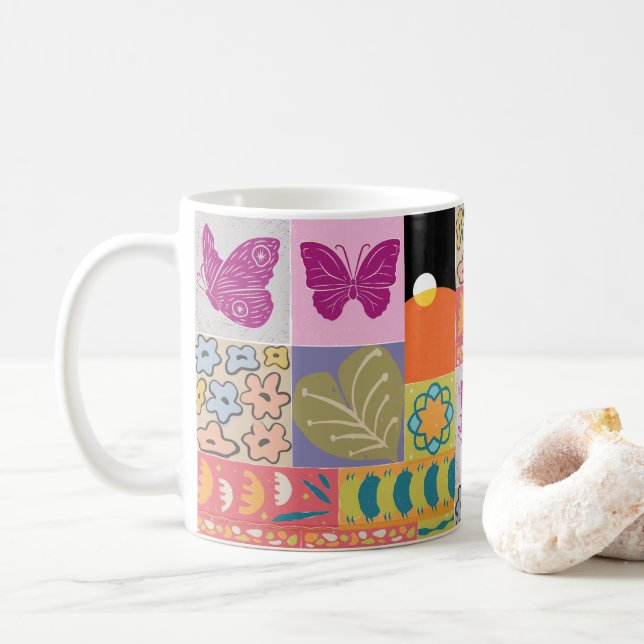 Colourful Patchwork FRAMED  vintage Coffee Mug (With Donut)