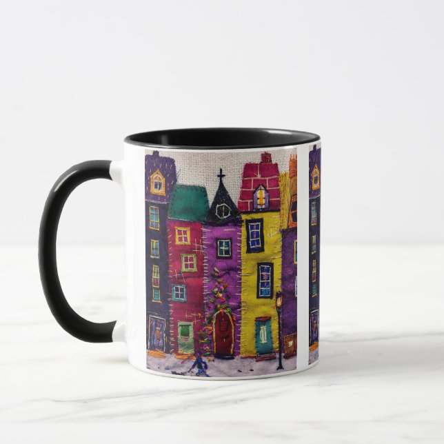 Colourful Patchwork Houses Textile Art Mug (Left)