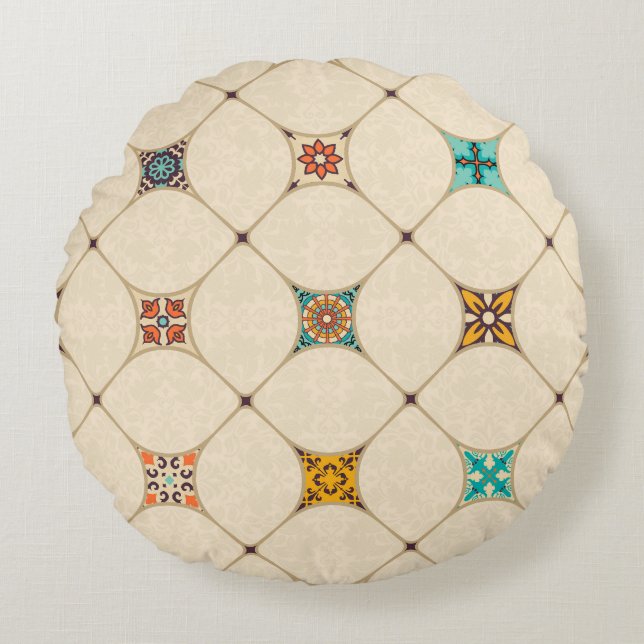 Colourful Patchwork Islam Arabic Tile Round Pillow (Front)