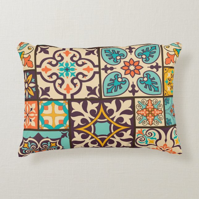 Colourful Patchwork Islam Motifs Tile Accent Pillow (Front)