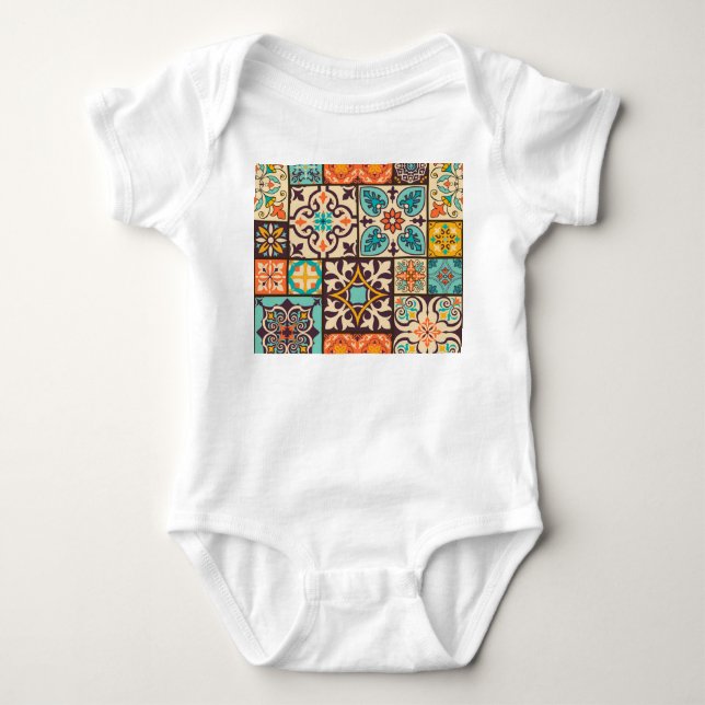 Colourful Patchwork Islam Motifs Tile Baby Bodysuit (Front)