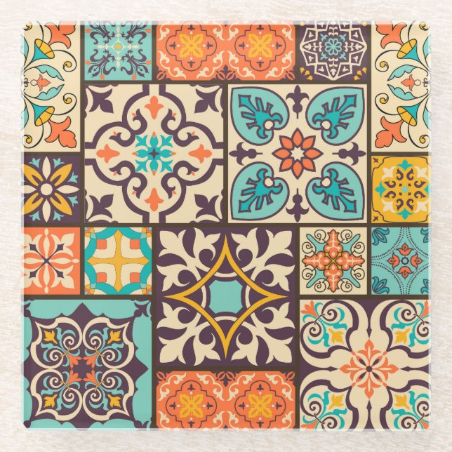 Colourful Patchwork Islam Motifs Tile Glass Coaster (Front)