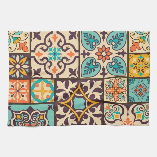Colourful Patchwork Islam Motifs Tile Kitchen Towel (Horizontal)