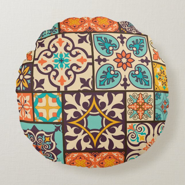 Colourful Patchwork Islam Motifs Tile Round Pillow (Front)