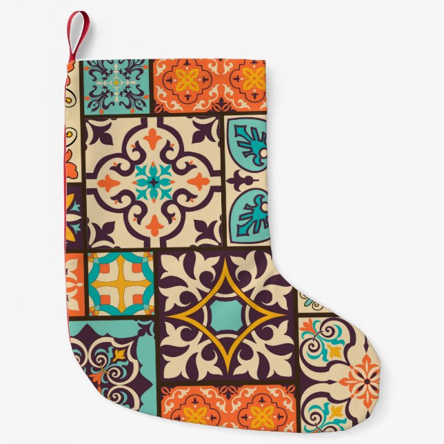 Colourful Patchwork Islam Motifs Tile Small Christmas Stocking (Front)