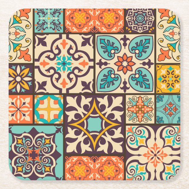 Colourful Patchwork Islam Motifs Tile Square Paper Coaster (Front)