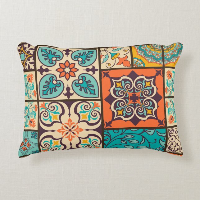 Colourful Patchwork Islamic Majolica Tile Accent Pillow (Front)