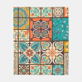Colourful Patchwork Islamic Majolica Tile Fleece Blanket