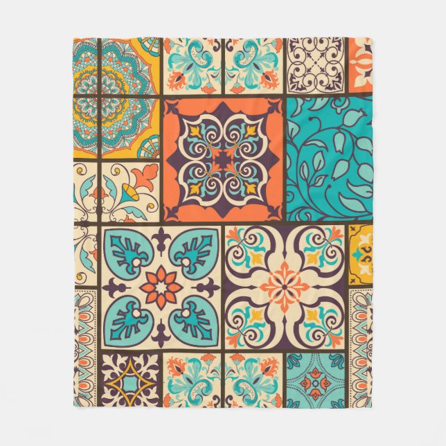 Colourful Patchwork Islamic Majolica Tile Fleece Blanket (Front)