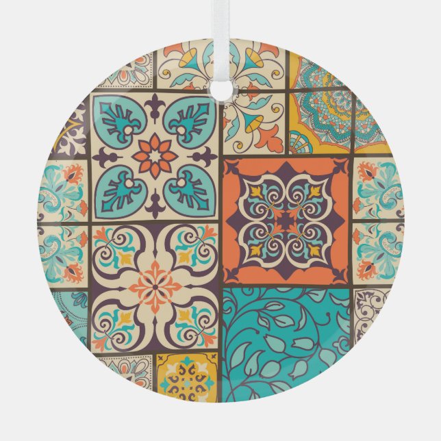 Colourful Patchwork Islamic Majolica Tile Glass Ornament (Front)