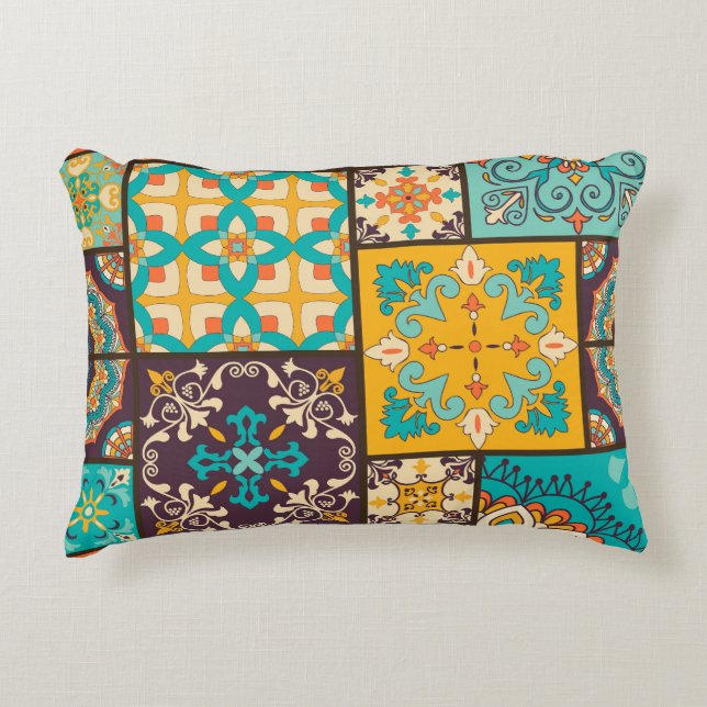 Colourful Patchwork Islamic Tile Seamless Accent Pillow (Front)