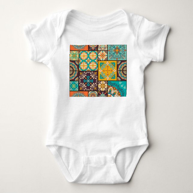 Colourful Patchwork Islamic Tile Seamless Baby Bodysuit (Front)