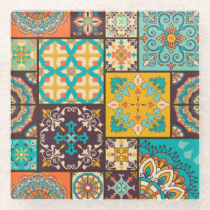 Colourful Patchwork Islamic Tile Seamless Glass Coaster