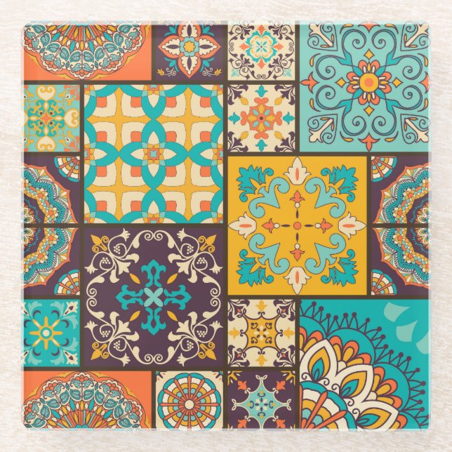 Colourful Patchwork Islamic Tile Seamless Glass Coaster (Front)