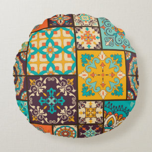 Colourful Patchwork Islamic Tile Seamless Round Pillow