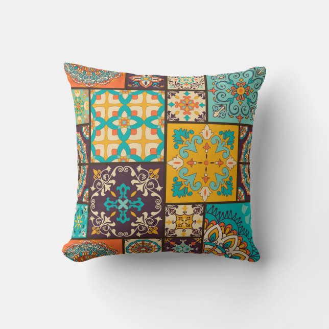 Colourful Patchwork Islamic Tile Seamless Throw Pillow (Front)